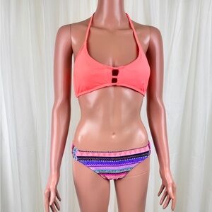 Forever 21 & California Waves Bikini Combo Coral Halter Top with Striped Bottom